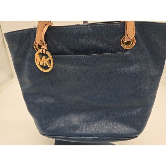 Michael Kors Navy Tote Bag With Gold Logo & Beige Straps - Picture 1 of 8